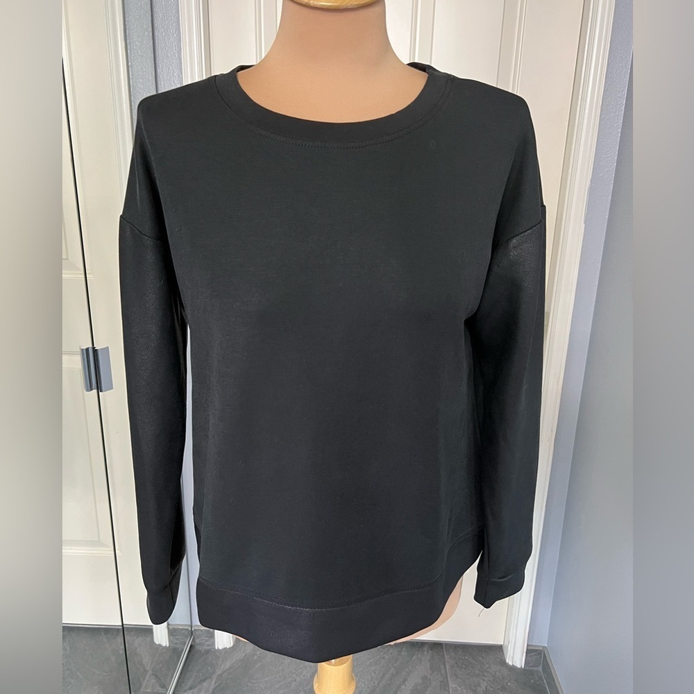 Rachel Zoe Black Knit Top Sz Small Faux Leather Sleeves Hem Goth Minimalist Edgy